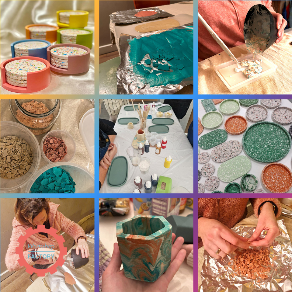 Workshopruimte Workshop Factory Woerden in Woerden, regio Groene Hart, gietworkshop terrazzo- en marmer woonaccessoires met mallen, kleurpigmenten, terrazzo chips en handgemaakte onderzetters, schalen en vazen tijdens een creatieve groepsactiviteit.
