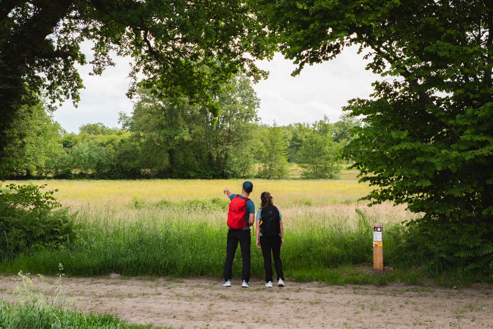 Ein Mann und eine Frau stehen auf einem Sandweg. Der Mann zeigt auf etwas in der Ferne.