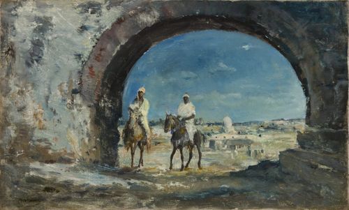 Schilderij van ruiters onder een oosterse stadspoort