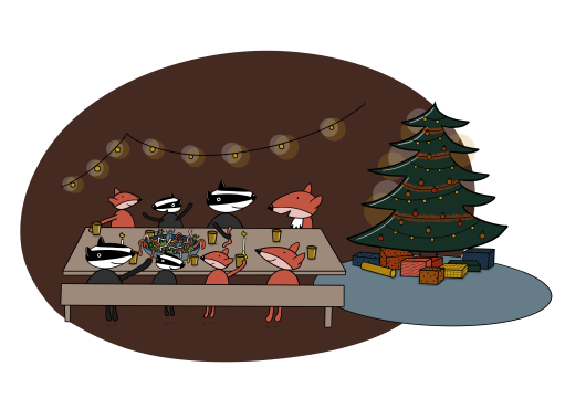 Familie Das en Familie Vos genieten aan tafel bij de kerstboom van een heerlijke kevertaart.