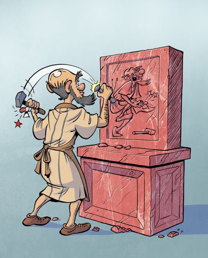 Illustratie van een zelfportret van een Romeinse beeldhouwer die zichzelf op zijn duim slaat