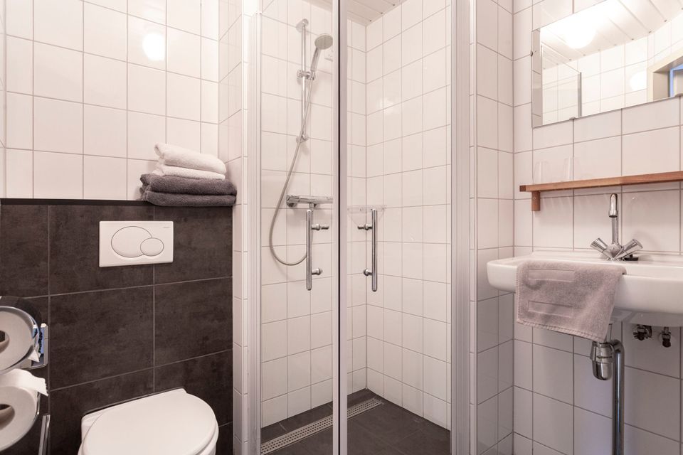 Een badkamer met een douche, wastafel en toilet.
