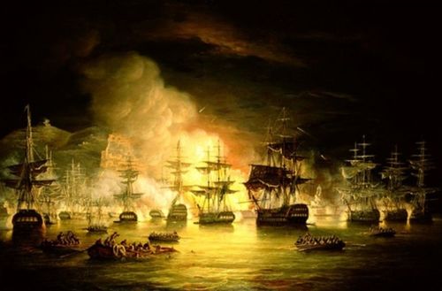 Een oud schilderij in kleur van schepen op het water