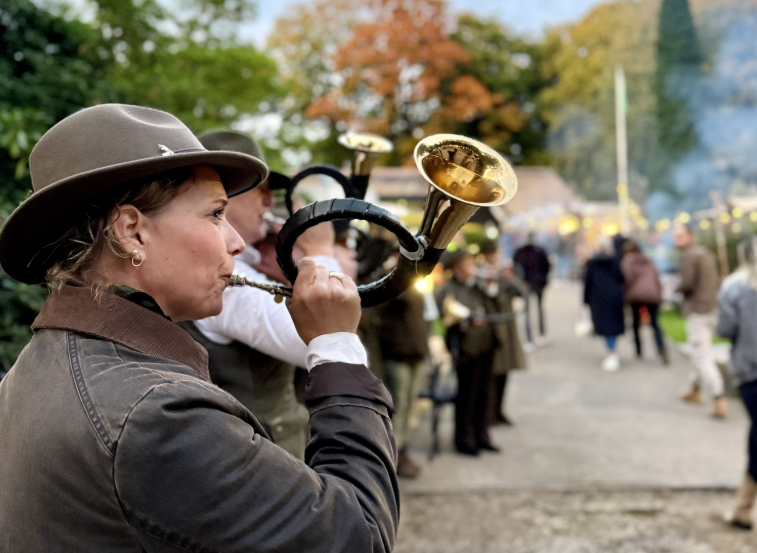Vrouw in wild/herfst sferen speelt instrument