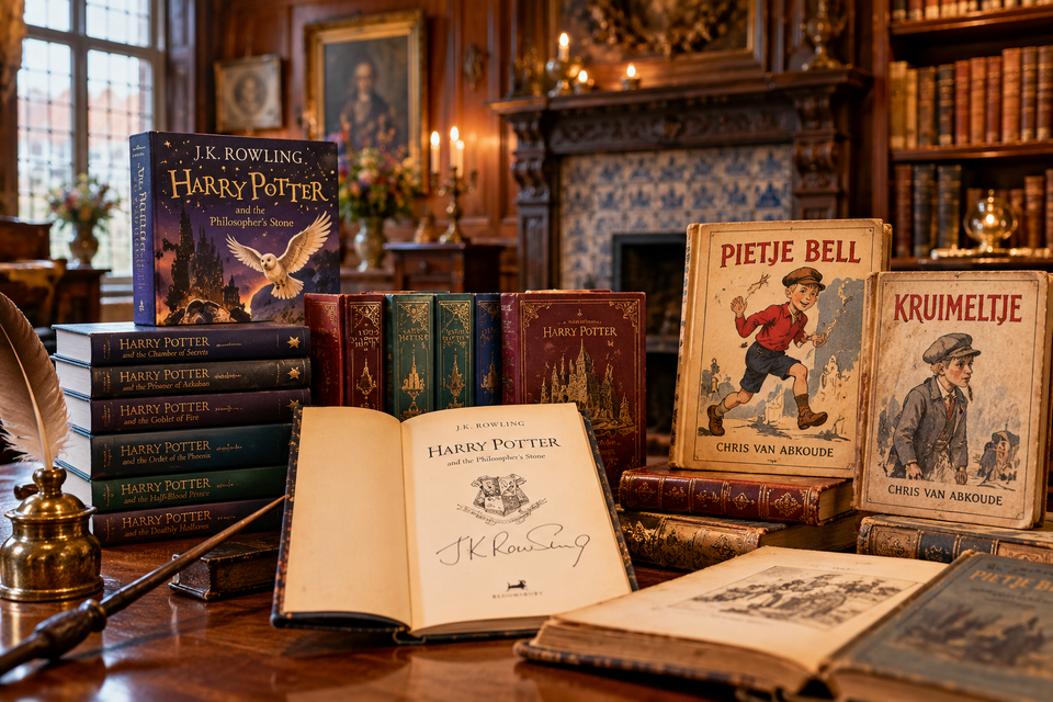 Zeldzame Harry Potter-boeken en boeken van Chris van Abkoude, waaronder Pietje Bell en Kruimeltje, in een historische stijlkamer.