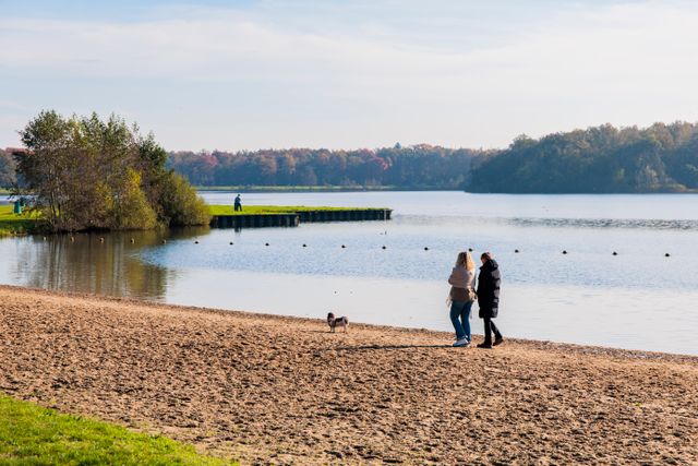 twee vrouwen wandelen met een hond op strand