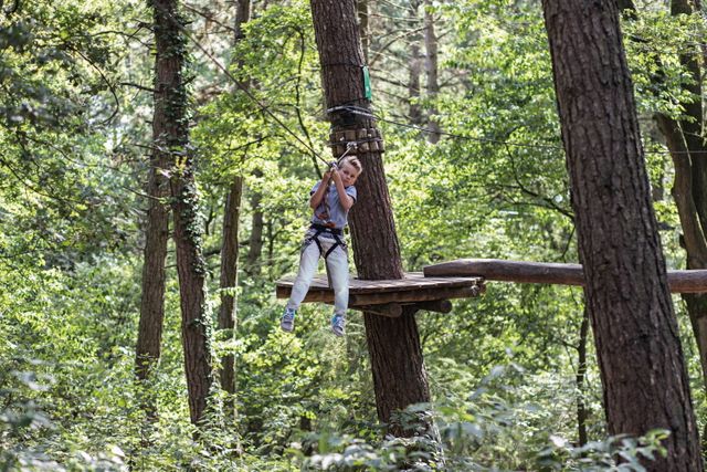 Een jongetje zoeft in de bossen met een zipline naar beneden.