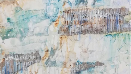 Schilderij in pasteltinten, paars, groen en geel in vrije verbeelding.