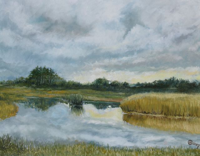 Olieverfschilderij van Henk Kooy, House of Arts Woerden, Groene Hart, rustig Hollands polderlandschap met waterplas, rietkragen en boomgroepen, waarin de lichte wolkenlucht zacht wordt weerspiegeld in het stille water tijdens de expositie.
