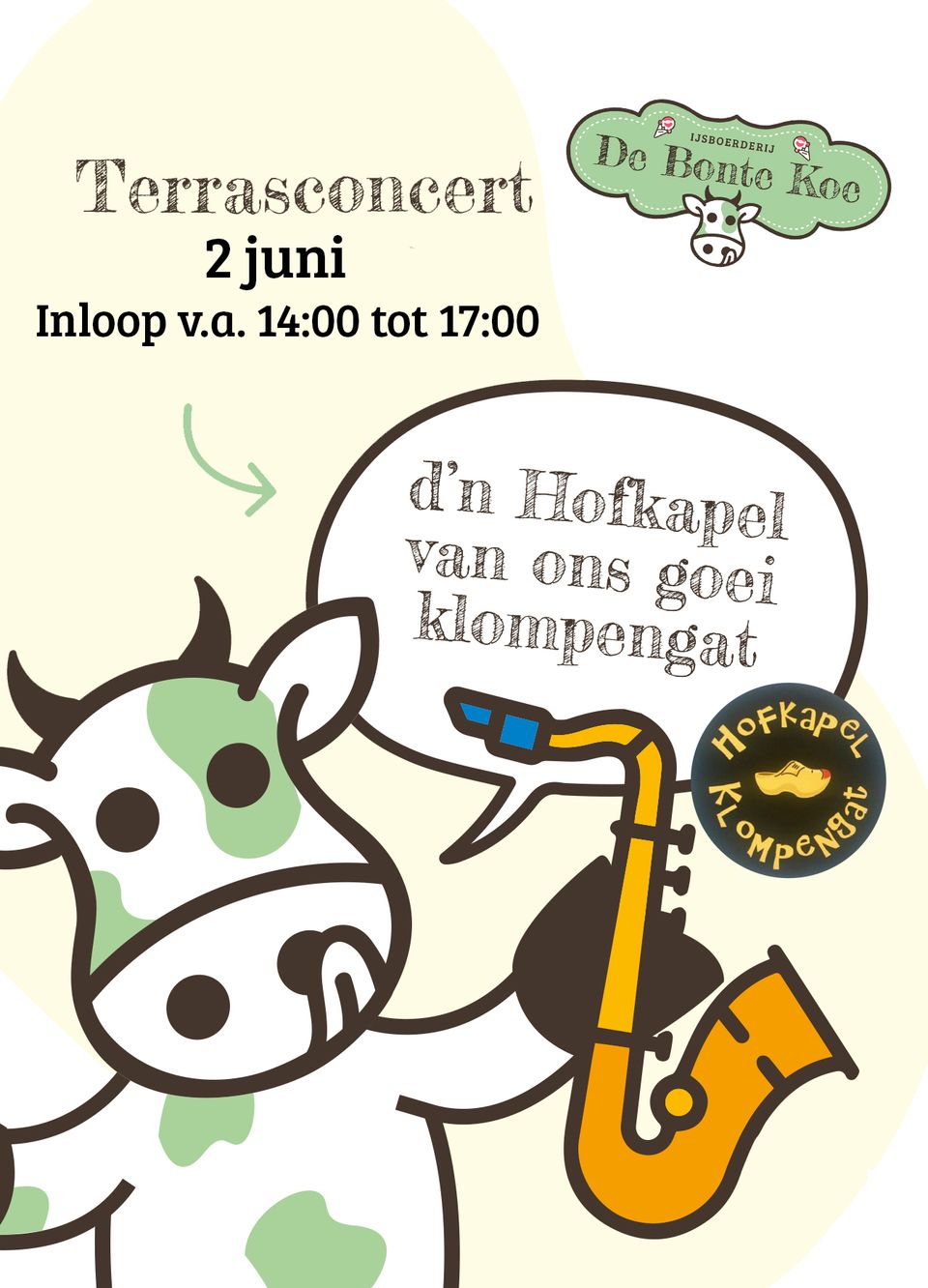Poster Hofkapel live bij de Bonte Koe op 2 juni vanaf 14 uur