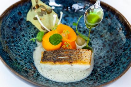 Een blauw opgemaakt bord met een visgerecht