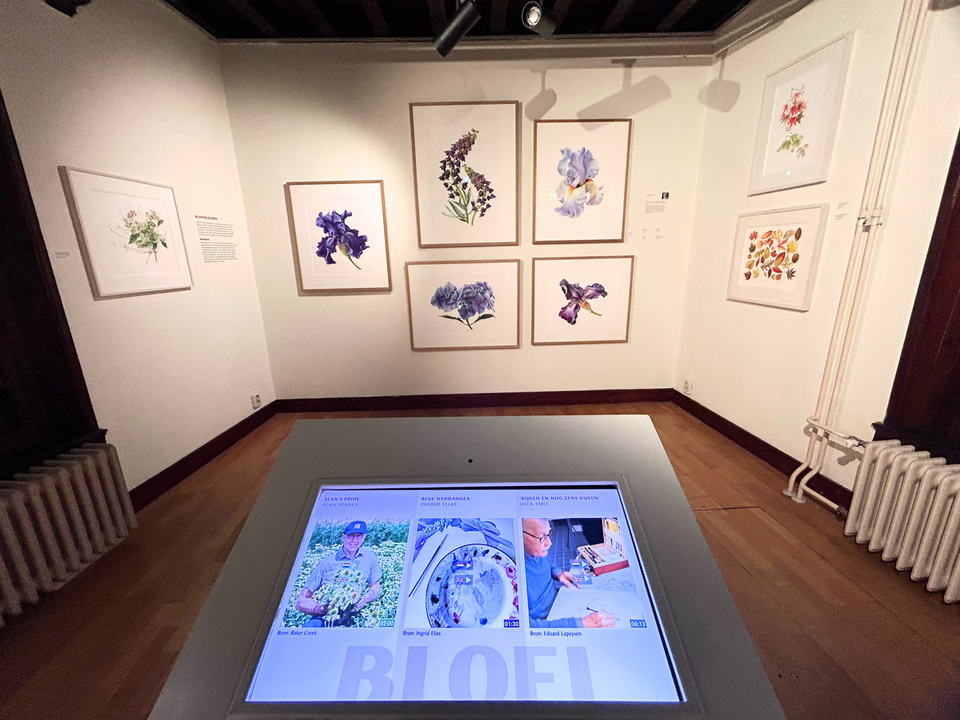 Ruimte in Stadsmuseum Woerden met kunstwerken aan een witte muur uit de tentoonstelling BLOEI, met op de voorgrond een zuil met touchscreen tablet en meer informatie over de kunstwerken.