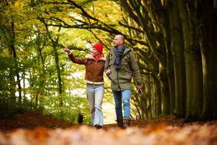 Een koppel wandelt de kroegjesroute door de bossen van Gaasterland in de herfst