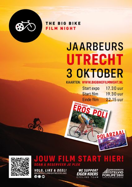 Evenementsposter Big Bike Film Night in Jaarbeurs Utrecht, provincie Utrecht. Promotie van een fietsfilmavond met silhouet van een mountainbiker tijdens zonsondergang, datum 3 oktober, informatie over starttijden en QR-code voor kaartverkoop.