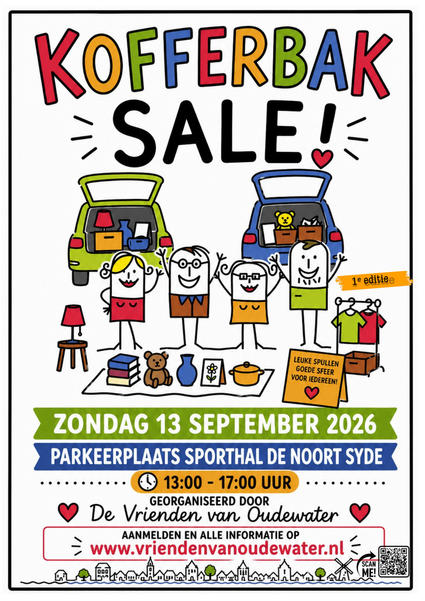 Promotieposter Kofferbak Sale in Oudewater, Groene Hart. Kleurrijke evenementenposter met illustraties van auto's, tweedehands spullen en bezoekers, voor de Kofferbak Sale op parkeerplaats Sporthal De Noort Syde op zondag 13 september 2026.