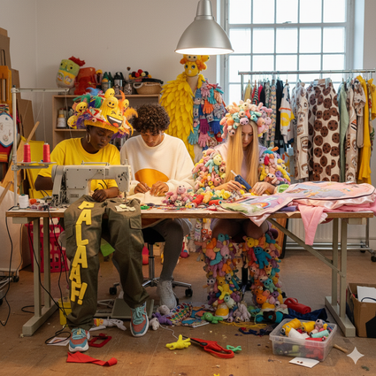 Drie personen werken aan een tafel in een creatieve modewerkplaats. Ze naaien en knutselen met kleurrijke stoffen en knuffels. Eén persoon zit achter een naaimachine, de anderen werken met handgereedschap tussen opvallende, speelse kledingstukken.