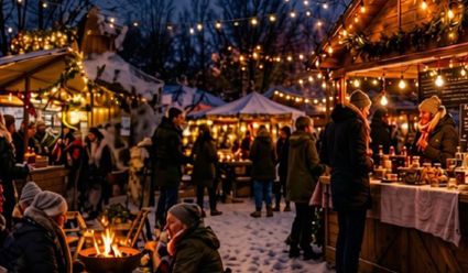 Gezellige winterfair met kraampjes en mensen