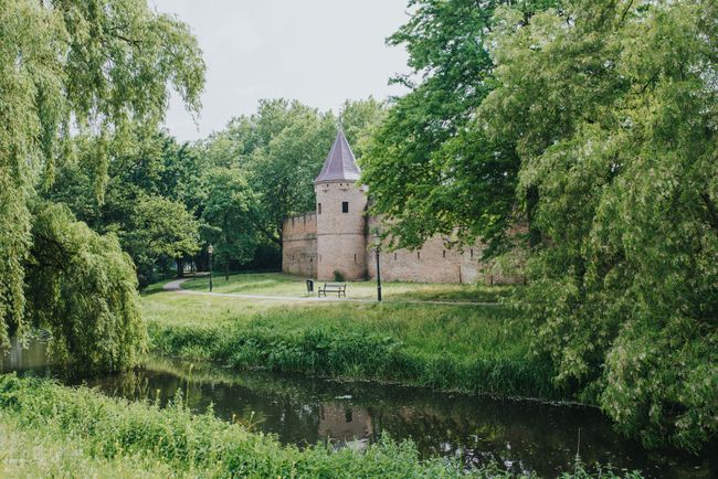 Historische stadsmuur en toren in het groene Plantsoen van Amersfoort, met water en veel bomen op de voorgrond. De foto laat de combinatie van erfgoed, natuur en de historische binnenstad zien.