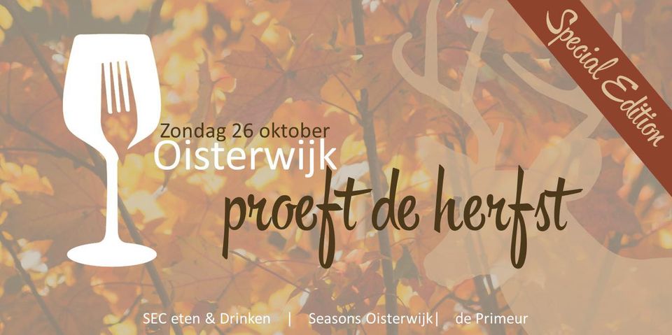 Afbeelding in herfstkleuren met tekst Oisterwijk proeft de herfst