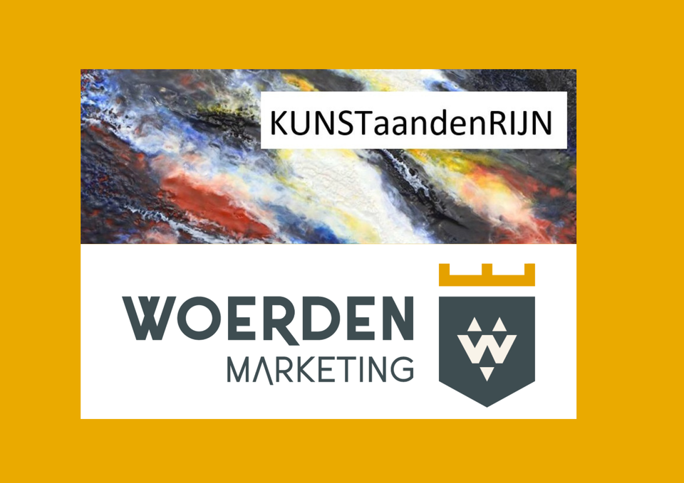 Logo's van KUNSTaandenRIJN en Woerden Marketing op een oranje achtergrond.