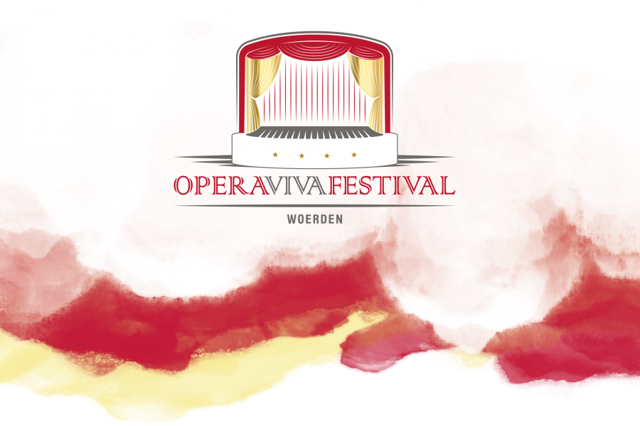 Logo van het Operaviva Festival Woerden met rood-gouden podiumgordijnen en aquarelachtergrond, symbool voor een sfeervol cultureel operafestival in Woerden.