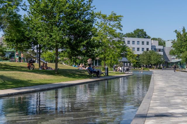 Ein parkähnliches Gebiet mit viel Grün und Wasser, in dem Kinder spielen.