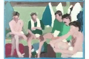 Schilderij van Berdos met vijf mannen, deels in groene shirts, die ontspannen samen zitten in een kleedkamerachtige setting.