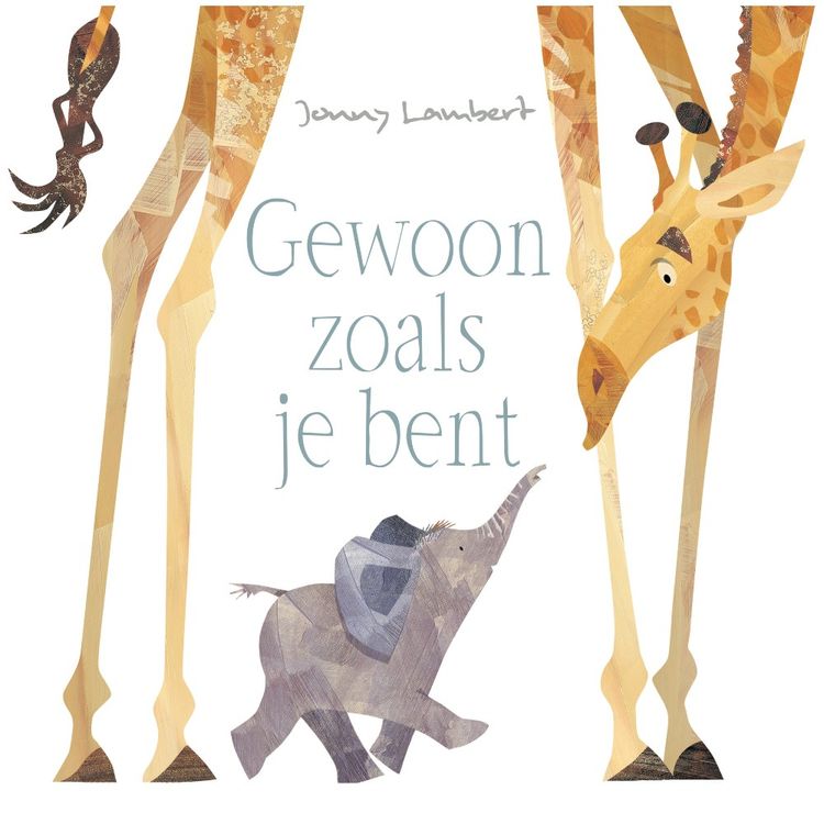 Tekening van Jonny Lambert van een kleine grijze olifant en een grote licht bruine giraf waarvan alleen de lange nek met kop, de poten en de staart te zien is. De olifant en giraf kijken naar elkaar.