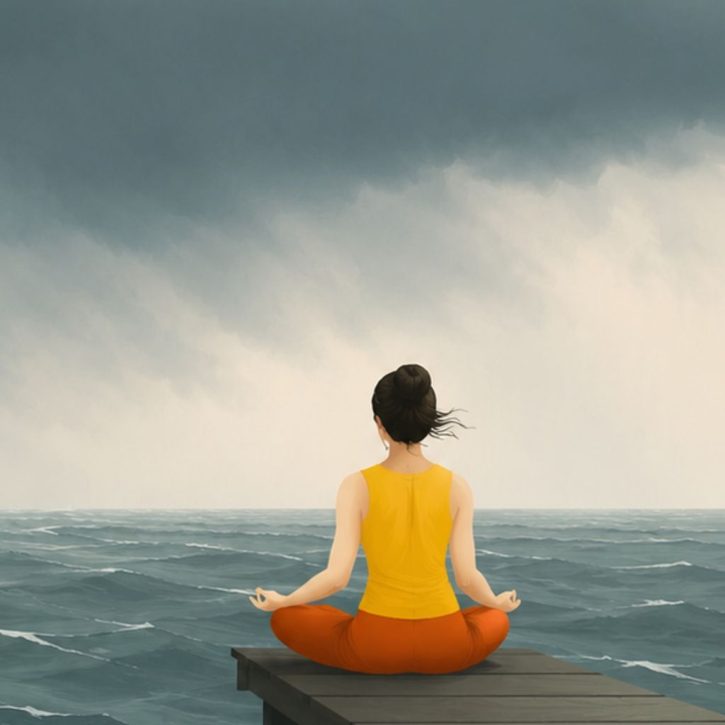 tekening van een vrouw in geel hemd en oranje legging die in lotushouding op een steiger zit aan de waterkant, de lucht is dreigend, in de verte vaart een zeilboot.