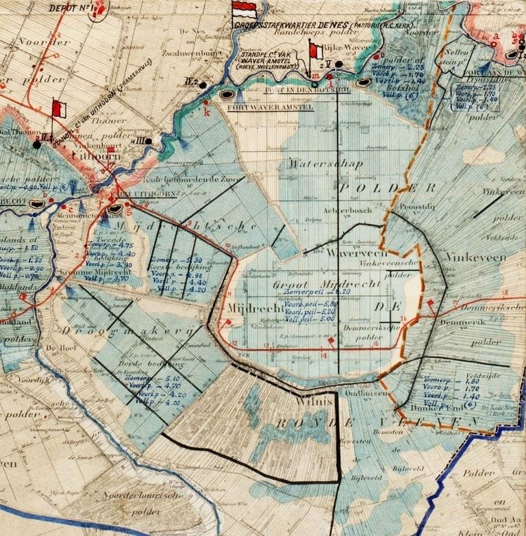 Een kaart waarop is aangegeven welke delen van het land onder water zullen staan wanneer het land geïnundeerd wordt.