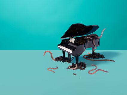 Zwarte vleugelpiano met aarde en regenwormen als creatief kunstwerk tegen een turquoise achtergrond.