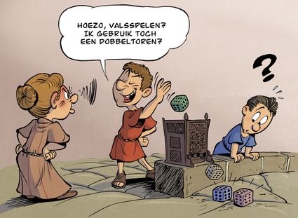 Illustratie van het gebruik van een dobbeltoren bij een spel