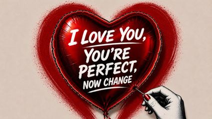 Illustratie van de voorstelling I Love You, You’re Perfect, Now Change bij Muziekhuis Oudewater in het Groene Hart, met een rood hartvormig ballonmotief, de titel in witte letters en een hand met naald.