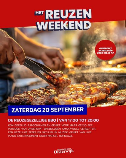 Affiche met hoofdkleur rood met mensen die aan het BBQ-en zijn