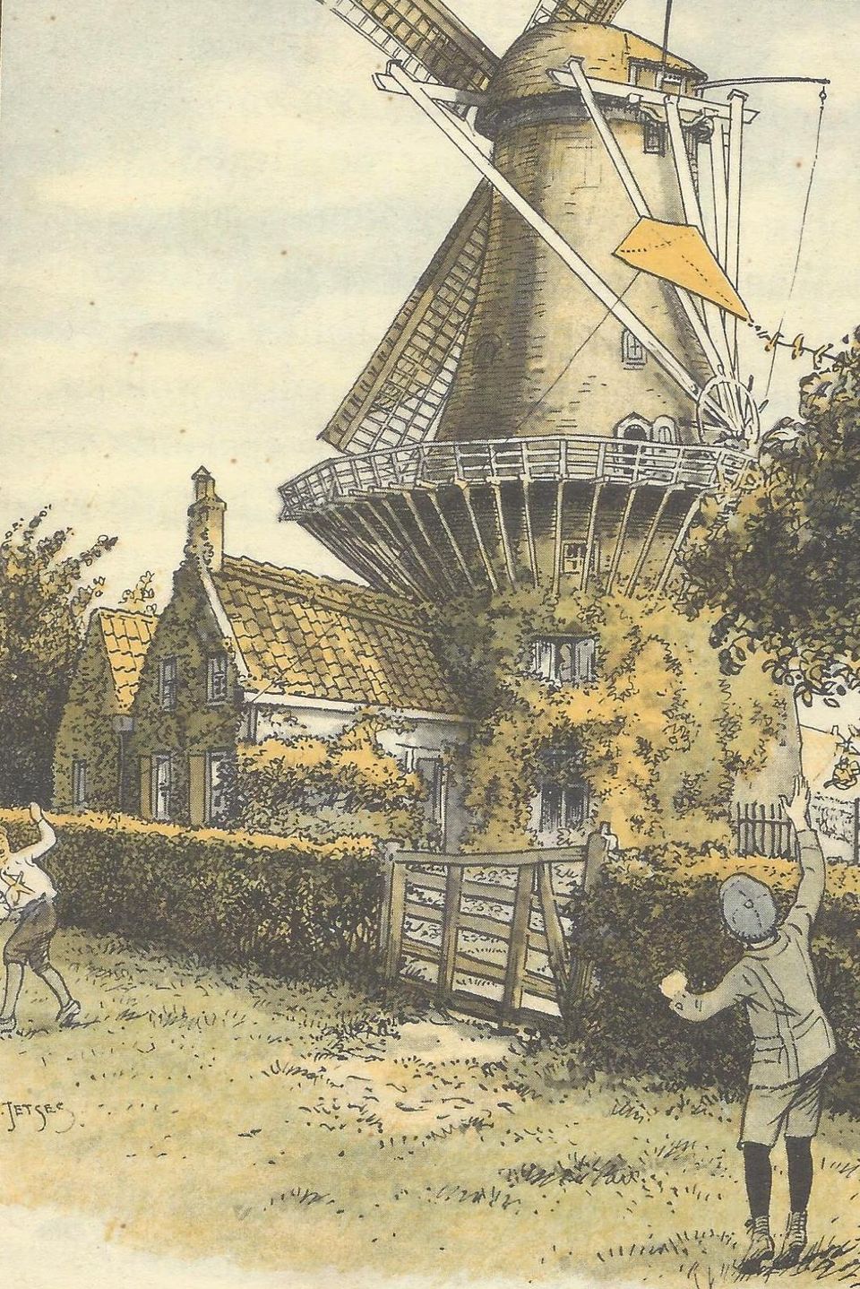 Tekening van Korenmolen Windlust in kleur in Wassenaar