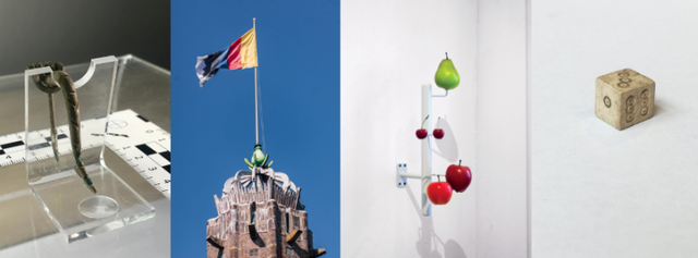 Collectiestukken van links naar rechts: een romeinse mantelspeld, World Flag IJsselstein (2020) van Sarah van Sonsbeeck, ooo00 Low Hanging Fruit (2020) van Zoë Tim Hollander en een benen dobbelsteentje uit de middeleeuwen.