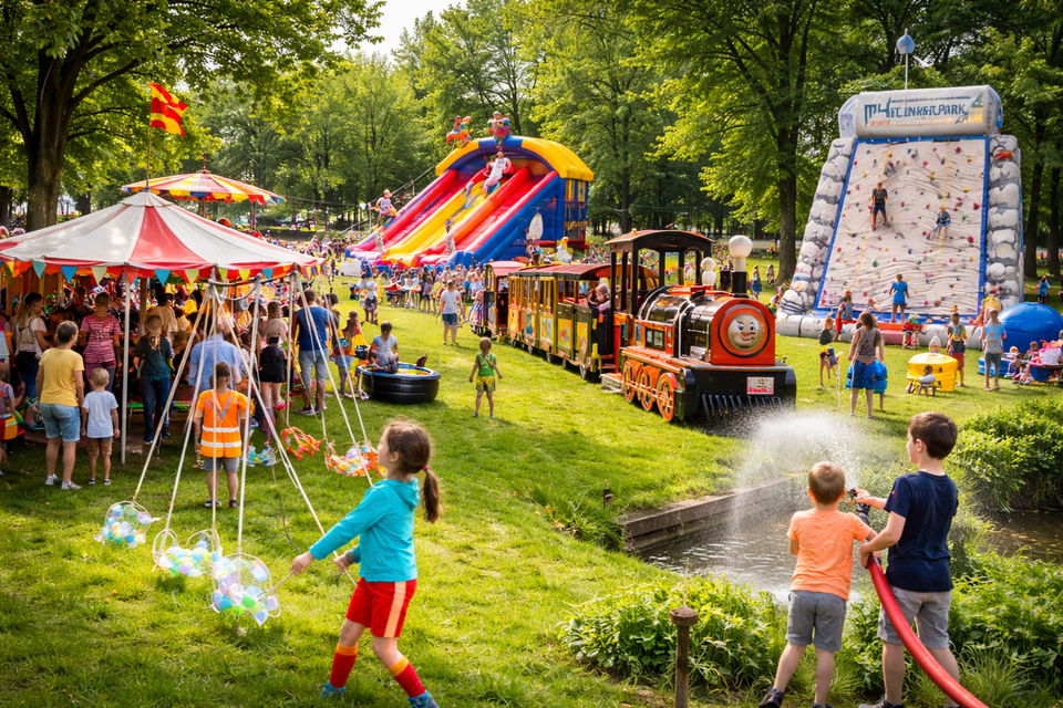 Kinderen spelen en klimmen op attracties tijdens Pret in het Park in het Stadspark van Montfoort met springkussen, klimwand en treintje.