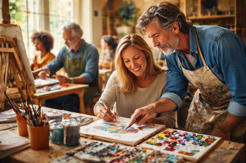 Een man en een vrouw schilderen samen op een canvas, op de achtergrond schilderen meer mensen.