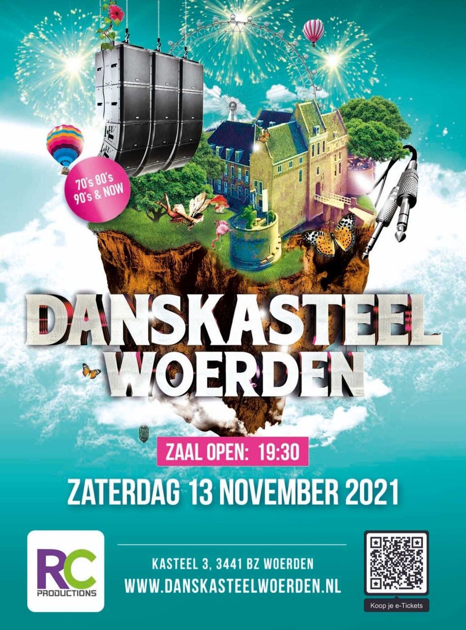Evenementenposter van Danskasteel Woerden in Kasteel Woerden, provincie Utrecht, voor een dansfeest op 24 oktober 2026 met muziek uit de jaren 70, 80, 90 en zero's. Kleurrijk ontwerp met kasteel, vuurwerk, luidsprekers en ticketinformatie.