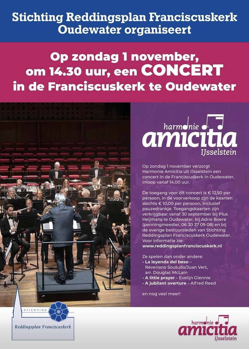 Poster voor het concert van Harmonie Amicitia uit IJsselstein op 1 november 2026 in de Franciscuskerk in Oudewater, georganiseerd door Stichting Reddingsplan Franciscuskerk.