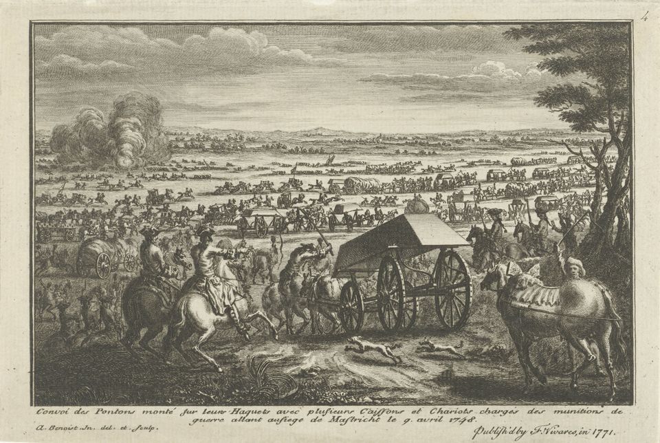 Tekening van veldslag met paarden en karren
