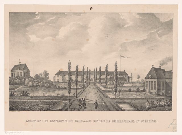 Tekening van het hoofdgebouw van de voormalige Kolonie Ommerschans