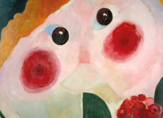 Abstract schilderij van een gezicht met grote donkere ogen en opvallende rode wangen. De vormen zijn vereenvoudigd en zacht geschilderd in pastel- en aardetinten, wat het werk een dromerige en expressieve uitstraling geeft.