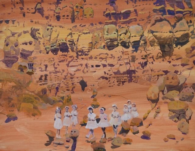 Tentoonstelling - I know what I saw - Karin Bos - Marching girls - Acryl op doek, 70x90cm. - 2024