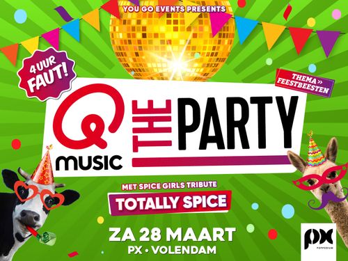 Poster van Q Music the party met daarop informatie over het evenement,