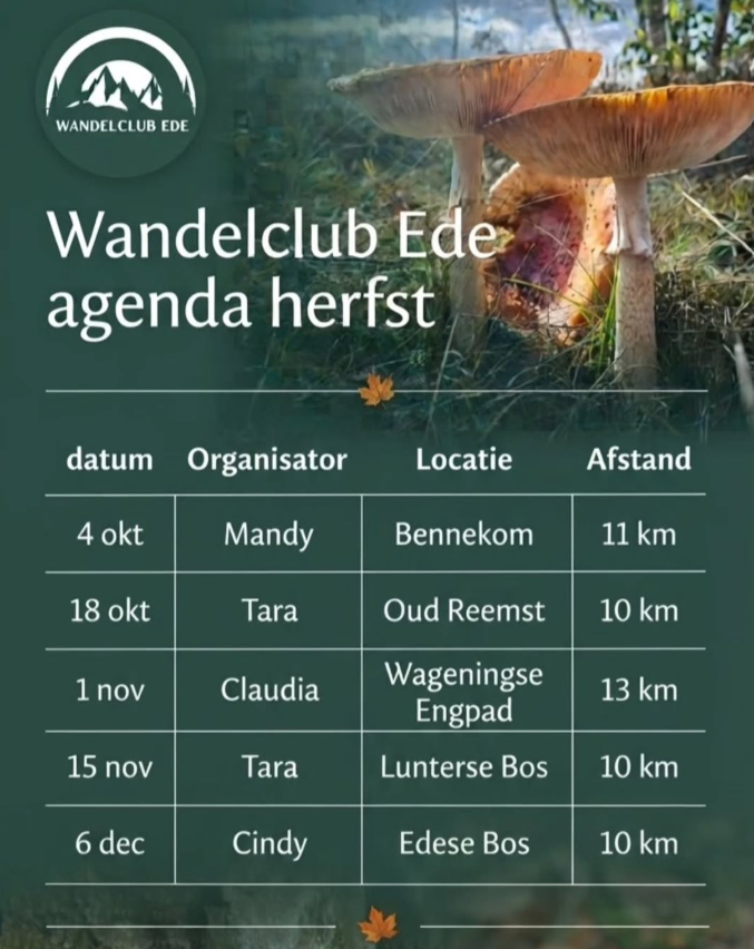 Overzicht wandelingen data en plaats