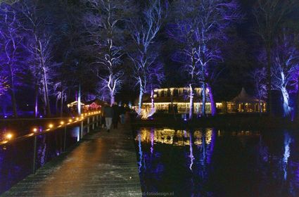 Avondfoto van een verlichte wandelroute met paarse en gouden lampen bij Buitenplaats Kameryck tijdens een winterevenement.