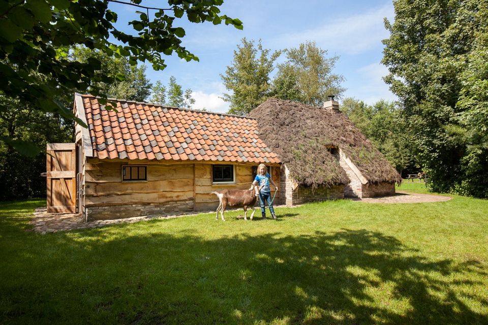 Een meisje staat met een geit voor een plaggenhut.