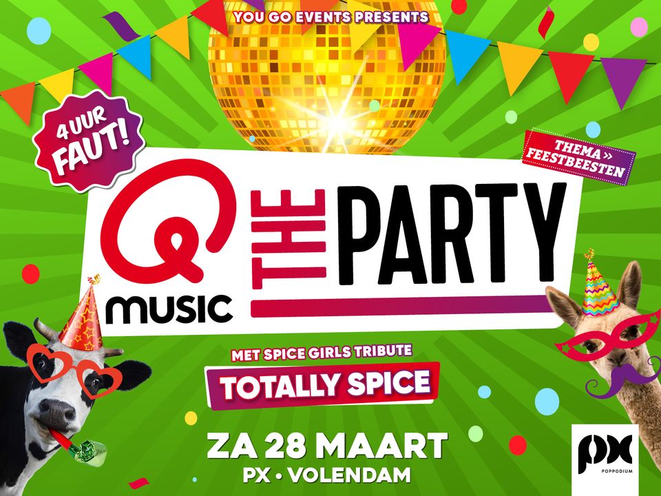 Poster van Q Music the party met daarop informatie over het evenement,