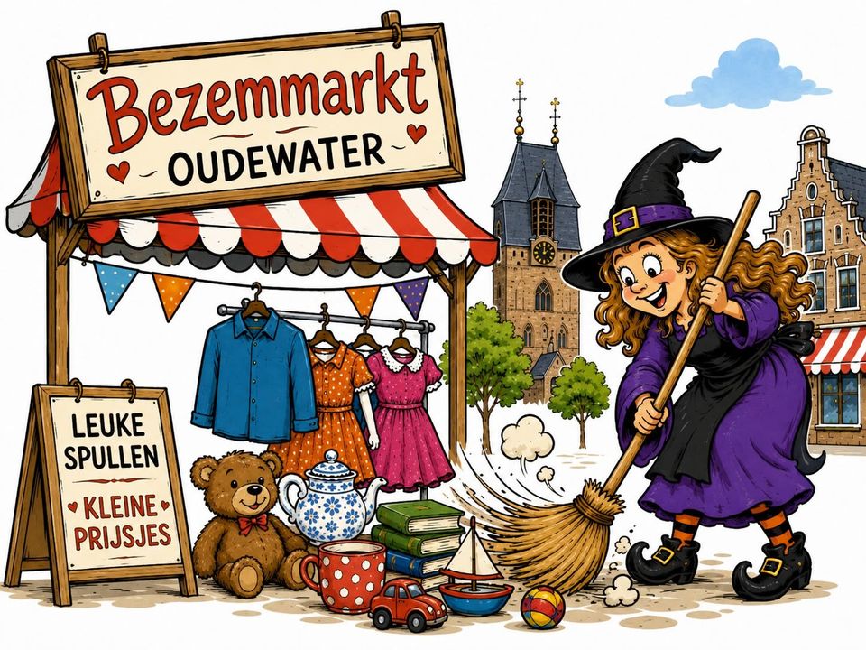 Illustratie van de Bezemmarkt Oudewater in het Groene Hart, met marktkraam vol tweedehands spullen, kleding en speelgoed, een vrolijke heks met bezem en historische gebouwen op de achtergrond.